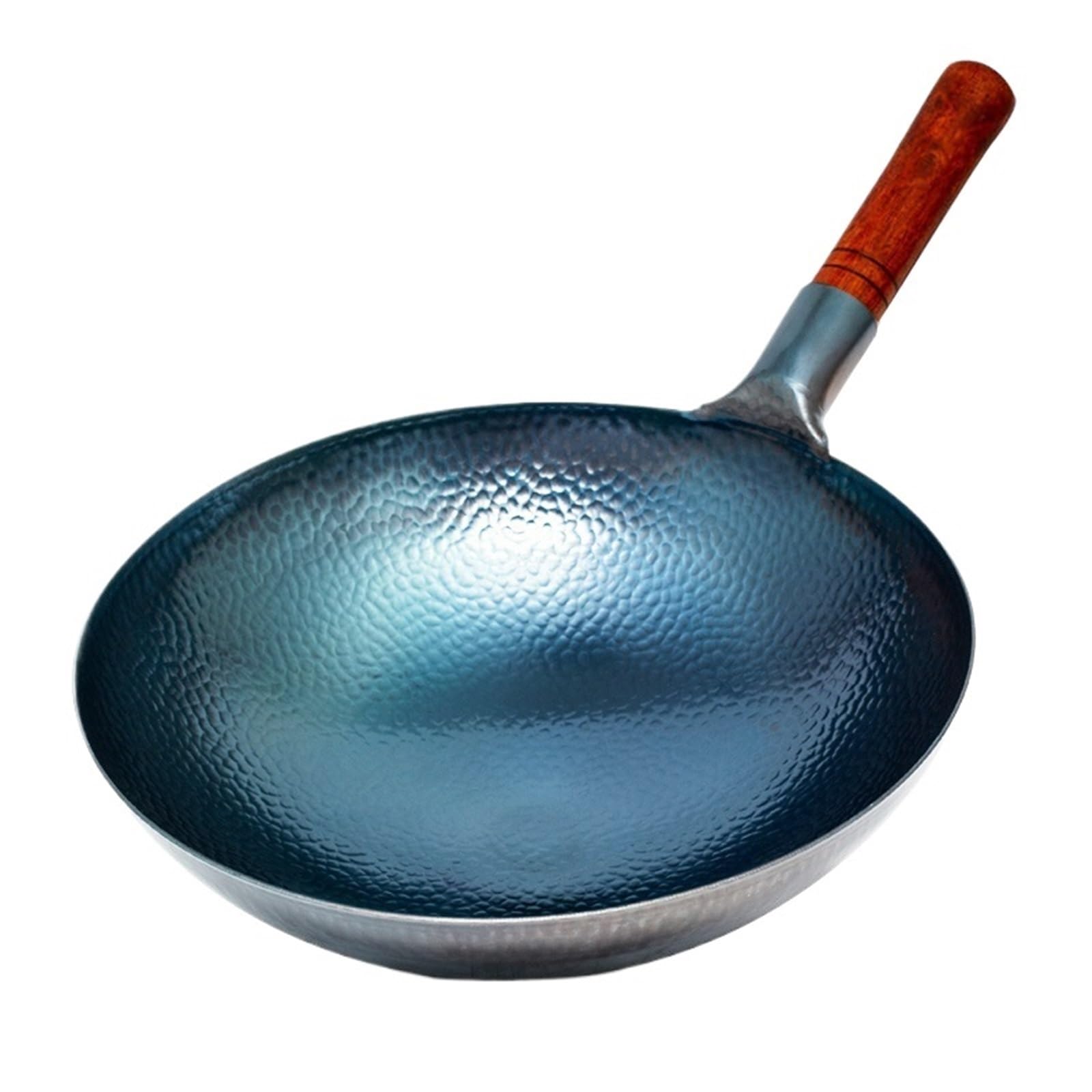 ASerZenith Wok Pan Traditional Handmade Iron Wok Real Hammer Carbon Steel Pow With Wooden And Helper Handle,34Cm With Ear