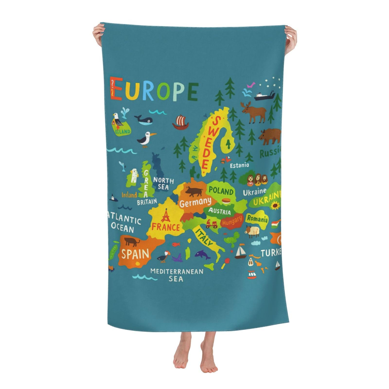 pojknbv Europe Map With Colorful Print Oversized Adult Beach Towel Quick-Dry Comfortable Lightweight Travel Pool Camping