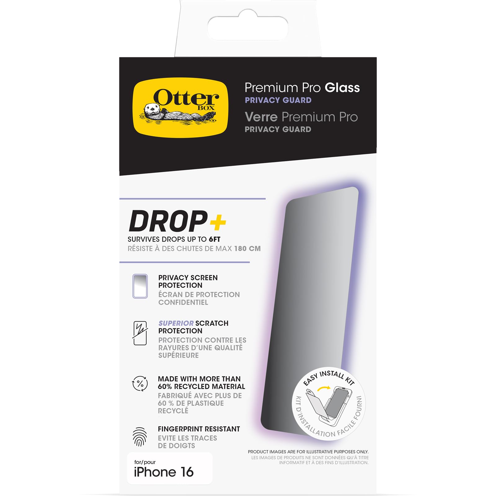 OtterBox Premium Pro Privacy Guard Glass Displayschutz für iPhone 16, gehärtetes Glas, überragender Kratzschutz, übersteht Stürze bis zu 1.8m