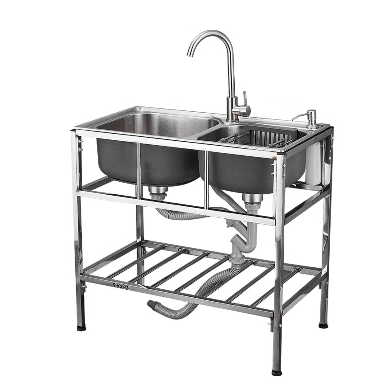 Évier de camping extérieur double cuve en inox avec pieds