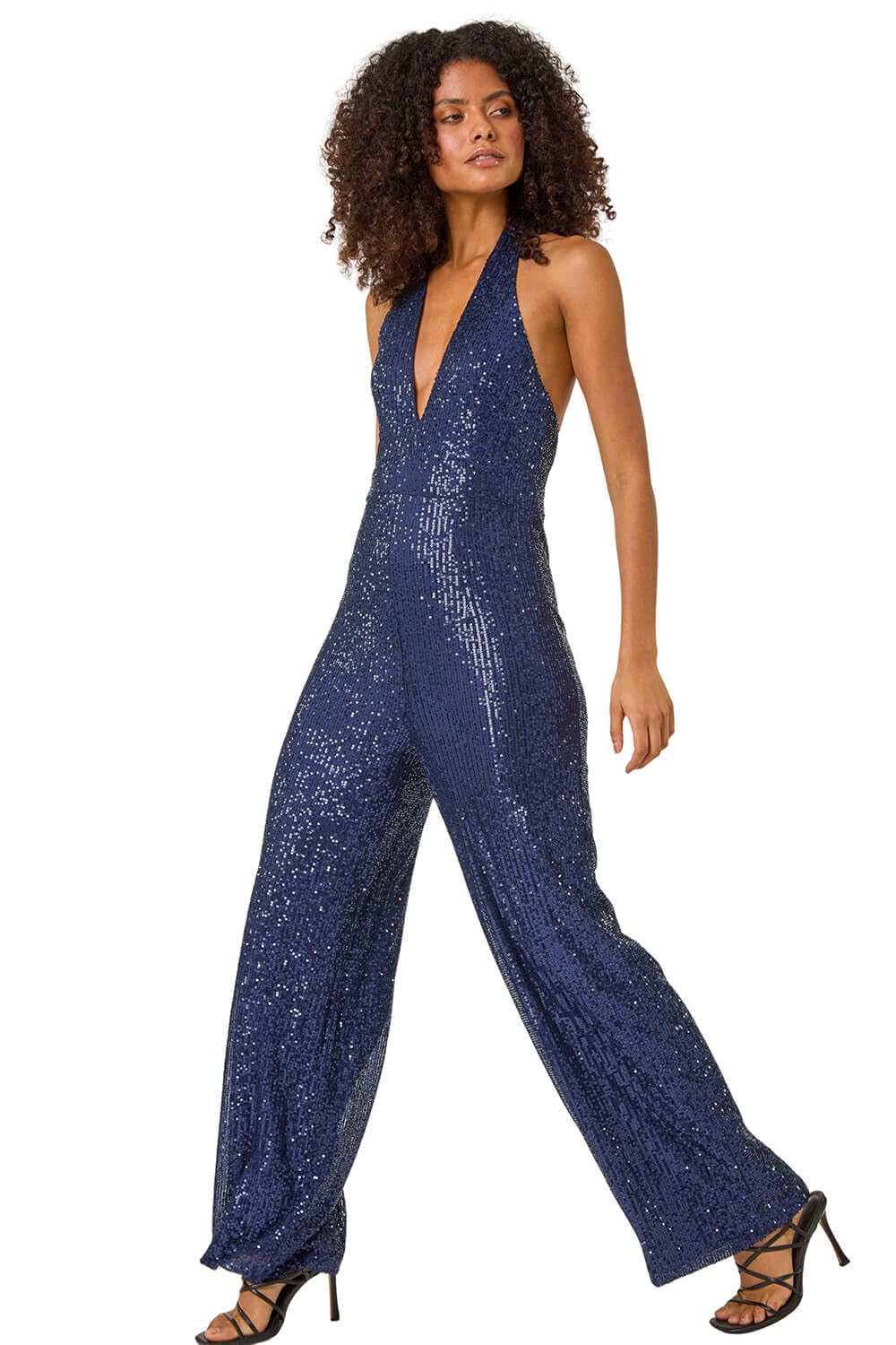 Dusk Fashion Sequin Halterneck Jumpsuit for Women UK - Ladies Everyday Autumn Winter V-Neckline Comfy Soft Evening Vacation Work Party Night Out - Blue - Size 10
