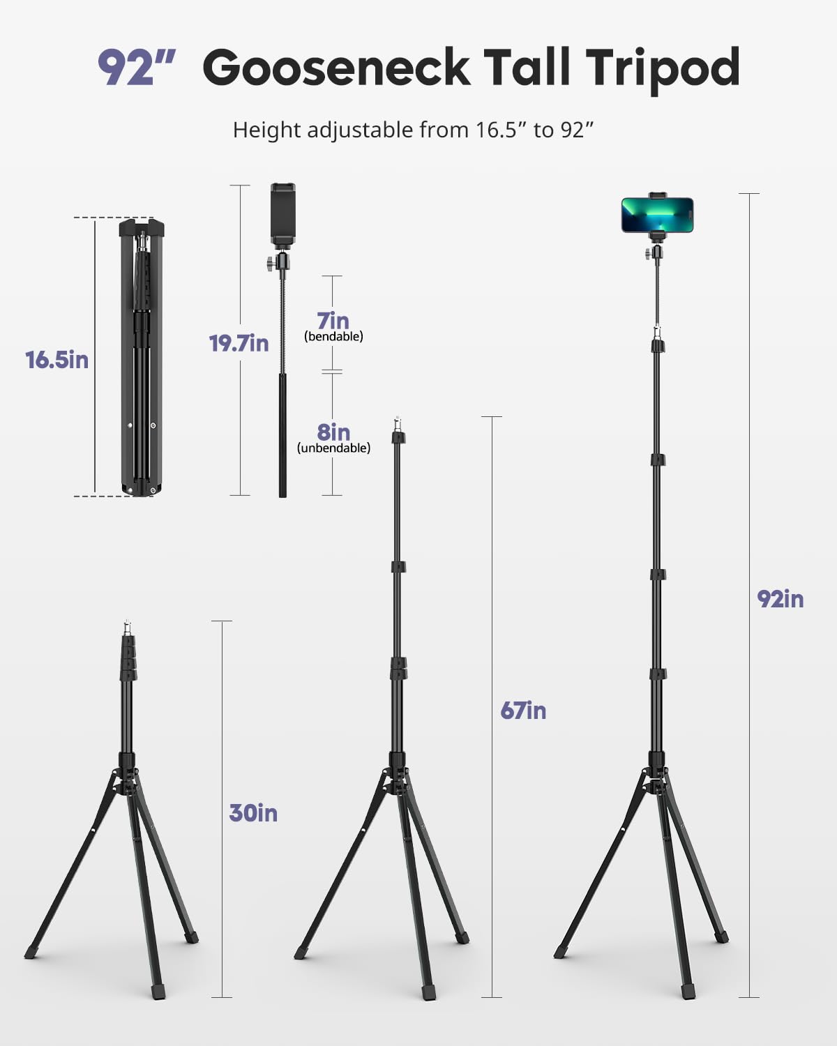 Aureday Phone Tripod, 92" Cell Phone Stand with 15" Gooseneck, Remote and Phone Holder, Overhead & Selfie Stick for Recording/Watching/Vlog, Compatible with iPhone Android: 92in Black