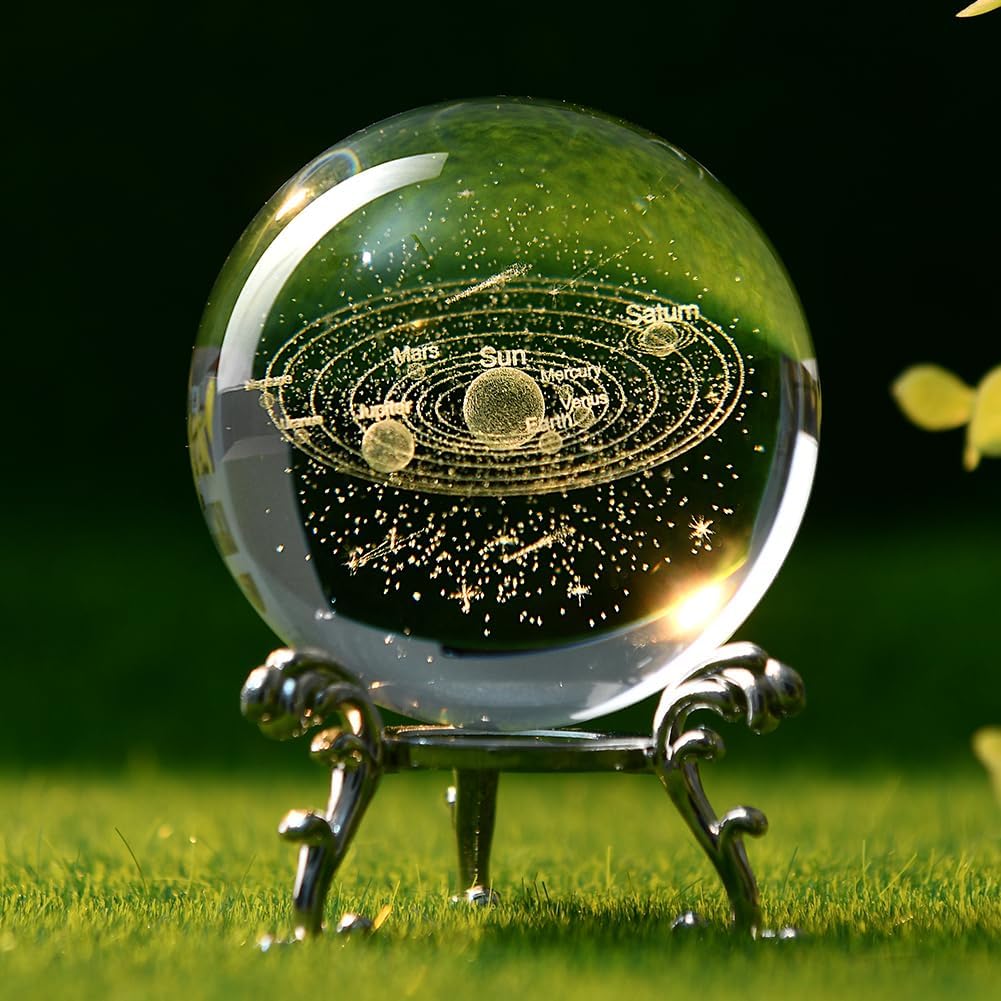 3D Solar System Crystal Ball 2.4" Planets Model Gifts for Kids Glass Astronomy Present Paperweights with Stand