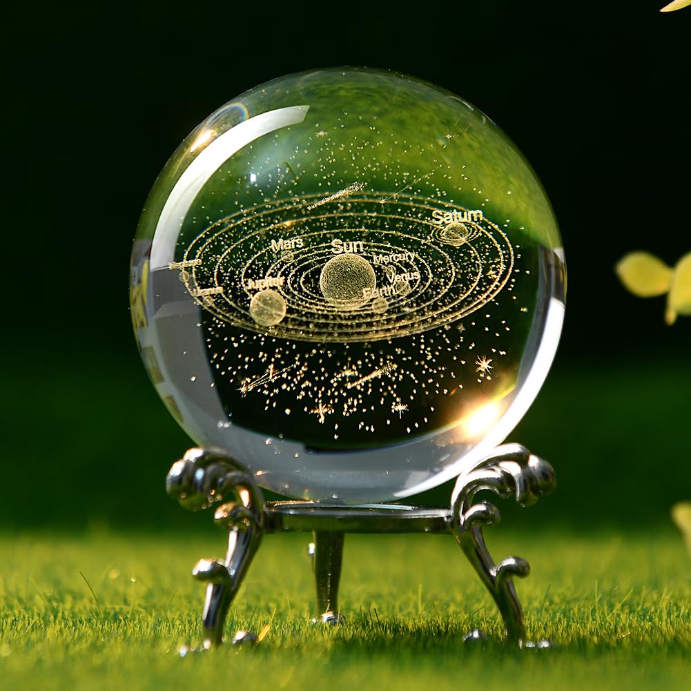 3D Solar System Crystal Ball 2.4" Planets Model Gifts for Kids Glass Astronomy Present Paperweights with Stand
