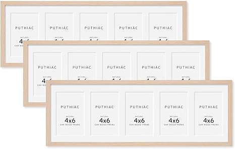 8x24 Oak Wood Picture Frame - 8x24 Photo Frame with Mat Display 5Pcs 4x6 Photos, 4x6 Picture Frame Wood, Natural Solid Wooden Picture Frames for Wall Art Photo and Prints(3 Pack, Beige)