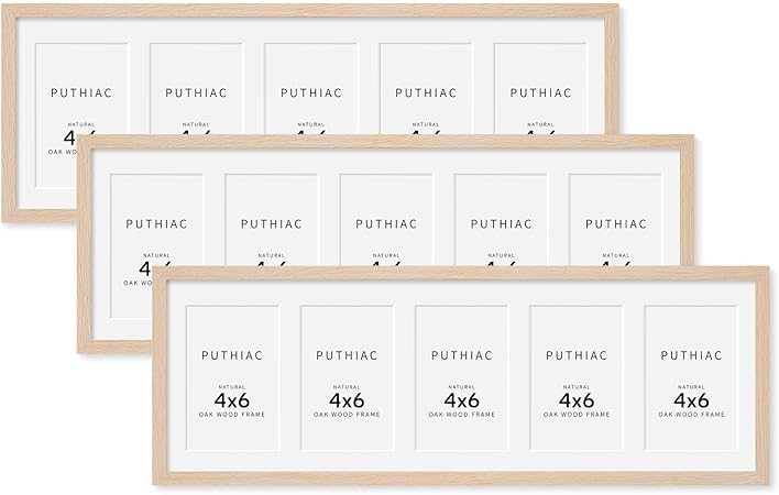 8x24 Oak Wood Picture Frame - 8x24 Photo Frame with Mat Display 5Pcs 4x6 Photos, 4x6 Picture Frame Wood, Natural Solid Wooden Picture Frames for Wall Art Photo and Prints(3 Pack, Beige)