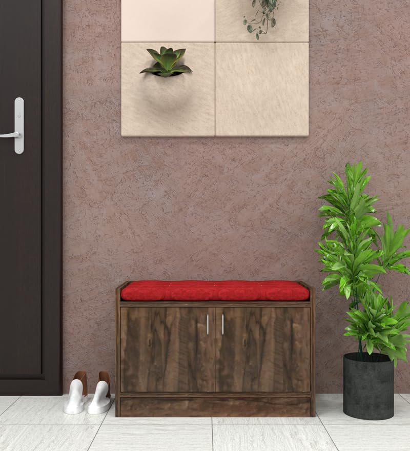 Image of SPECIALITY PANELS 2 Door Shoe Rack with Cushion, DIY Assembly, Brown Wood Finish with Red Cushion, 75x49 cm Entryway Storage Bench