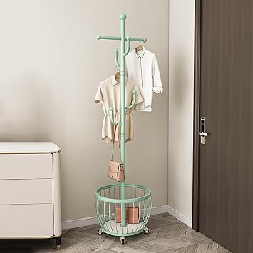 SAZDFY Coat Rack Freestanding, Moveable Coat Tree with Basket, Modern Coat Hanger Stand with 4/6 Hooks For Scarf Jacket Hat, Metal Clothes Rack for Living Room Bedroom Office168cm/66inch, Green