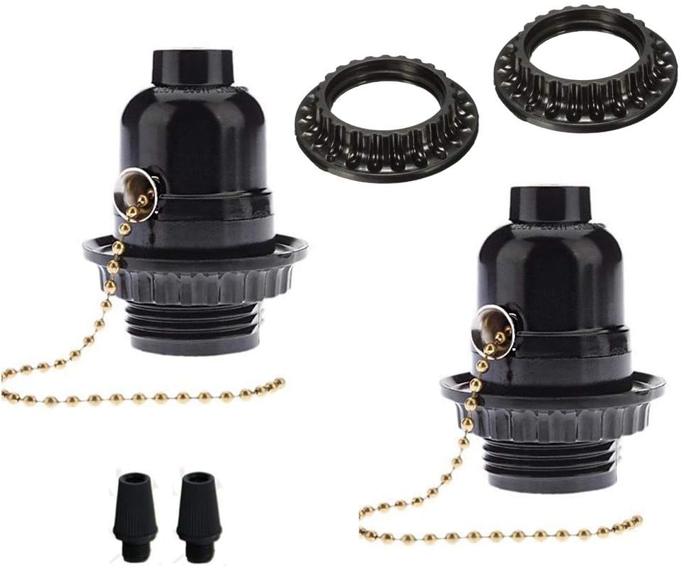 EFINEHOME 2 Pack Pull Chain Lamp Socket Replacement- Phenolic E26 Medium Base Threaded Light Socket with Pull Chain Switch 2 pcs Ring, 1/8 IP Thread Cap- Light Repair Parts or DIY Lamp Making Kit