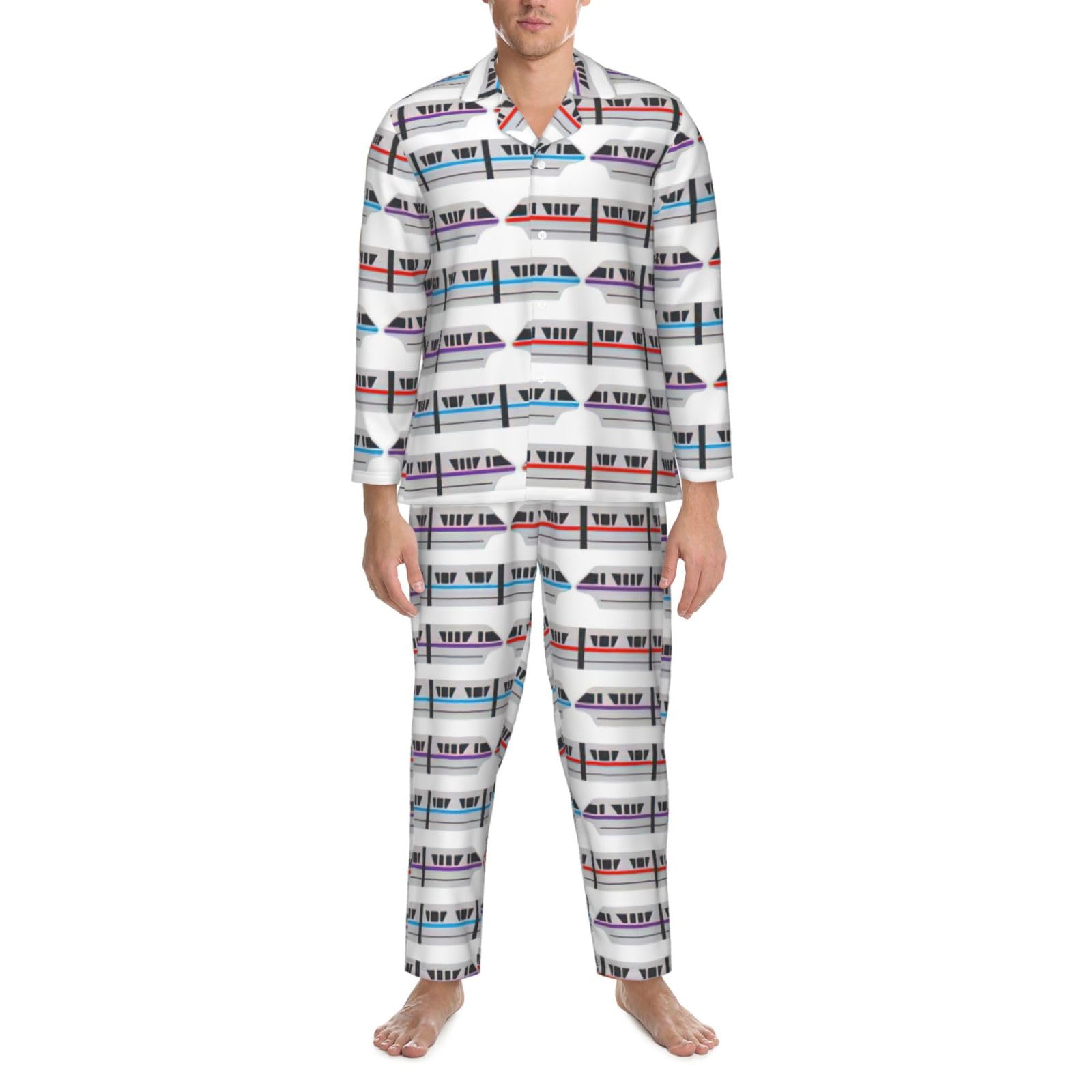 Conjunto de pijama de manga larga para hombre con estampado de tren monorraíl, ropa de dormir de dos piezas, transpirable, cómoda