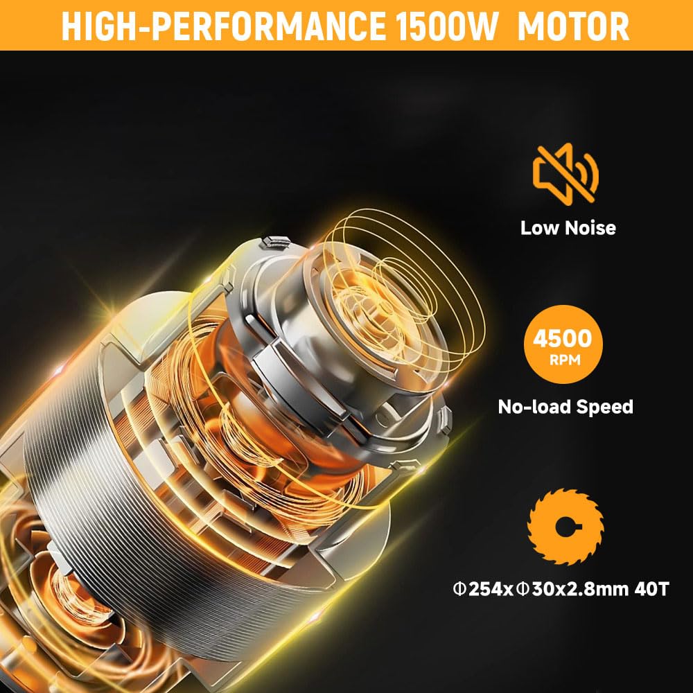 Hoteche Stołowa pilarka tarczowa 1500 W, 254 mm, 4500 obr./min, aluminiowa płyta robocza 608 x 585 mm, głębokość cięcia 80 mm (90°), 55 mm (45°), z pomocą do przesuwania i stołami przedłużającymi
