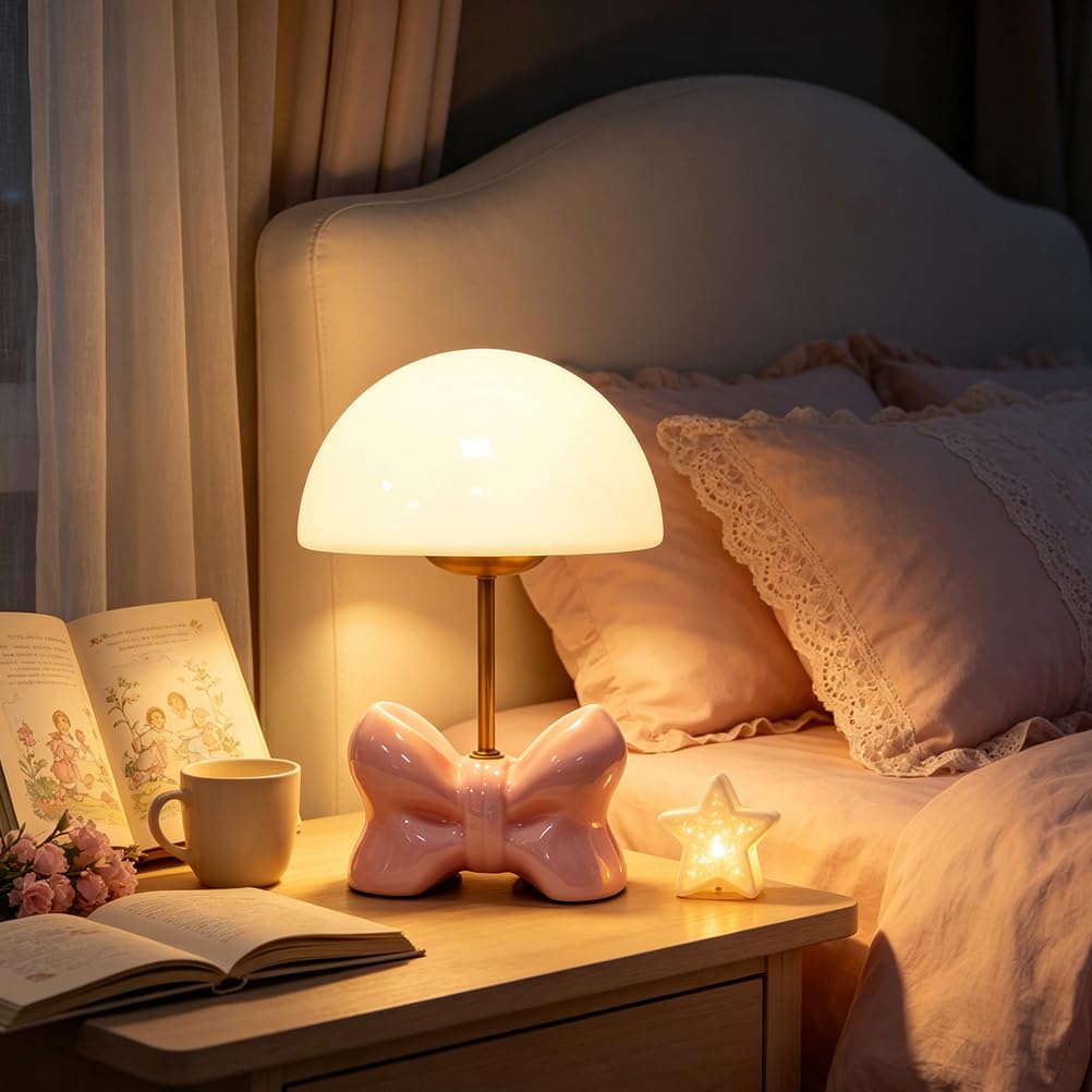 OOWOKS Tischlampe Rosa Pilz mit Kabel LED Nachtlampe 3 Farbtemperaturen mit Glas-Lampenschirm Kinder Tischleuchte Schleife Design Schlafzimmerlampe Deko Nachttischlampe für Kinderzimmer Wohnzimmer