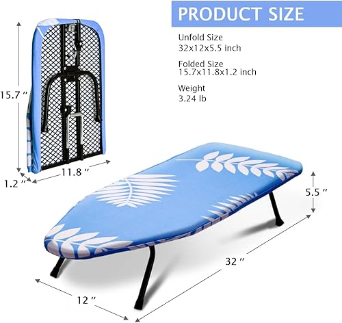 Miniatura 2 de SheeChung Mini tabla de planchar de 12 x 32 pulgadas, tabla de planchar de mesa con funda de algodón extraíble y almohadilla, mesa de hierro con
