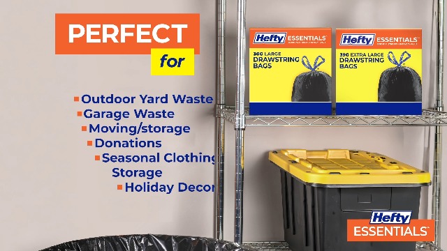 Image of Hefty Essentials Drawstring 30 Gallon Trash Bags, 56 Count, Bulk Black Garbage Bags for Garages, Parties, Large Trash Items, and More, Scent Free, Black