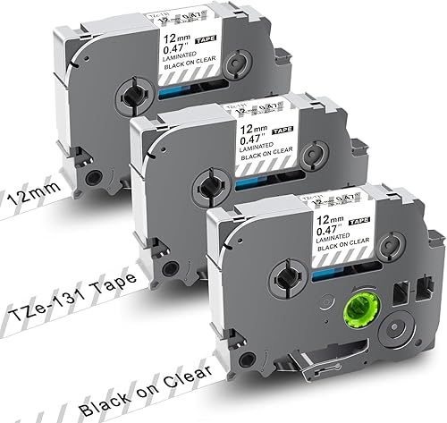 UNOKA Cinta de etiquetas transparente compatible con Brother P-Touch TZe131 TZe-131, cinta laminada Tze negra sobre transparente de 0.47 pulgadas,