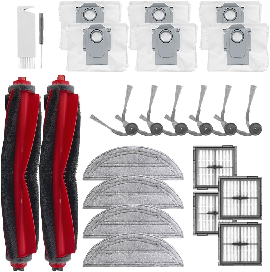 24Pcs Q10 S5+ Accessories Kit Replacement Compatible with Roborock Q10 S5+ /Q10 S5/Q10 x5 /Q10 x5+ Robot Vacuum,2 Main Brush,4 Mop Cloth Pads,6 Side Brushes,4 HEPA Filters,6 Dust Bag,1 Cleaning Tool