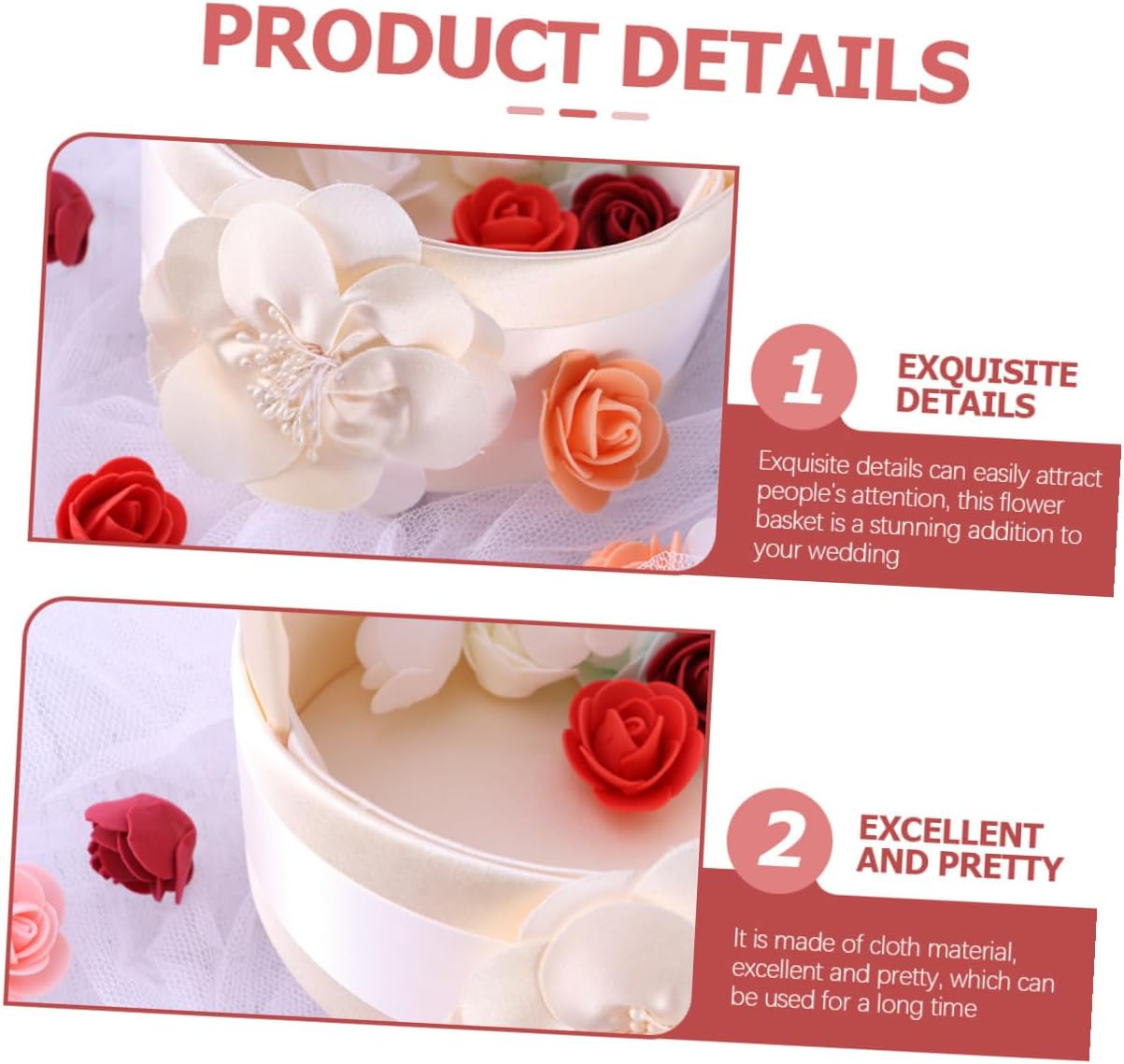 ULTECHNOVO Satin Flower Girl Basket for Wedding 2pcs Handheld Flower Basket Set with Ribbon Bow Wedding Party Supplies and Ceremony Decoration