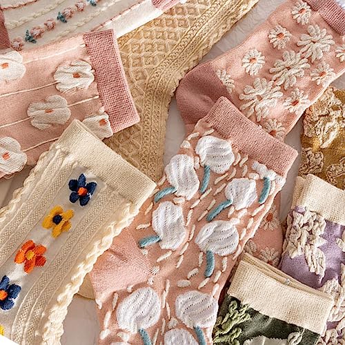 Cute Socks for Women, Floral Socks, Perfect for Casual or Dress Wear, Geometric 3D Textured, Ankle Cotton Sock, Pack of 6 Pairs, Size 5-114