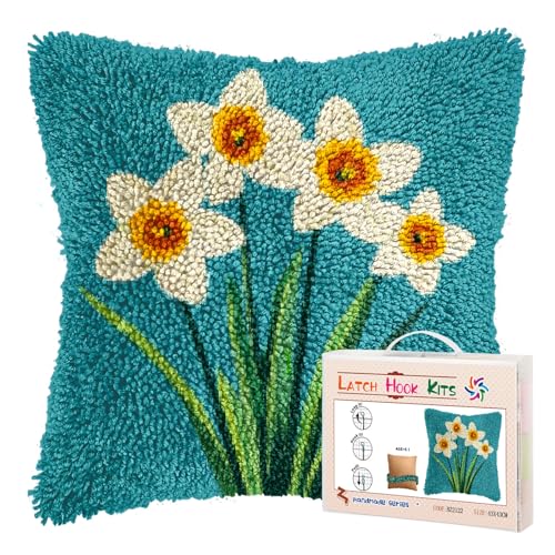 Image of DIY Latch Hook Pillow Kits for Adults Daffodil Flower Printed Pillowcase Crochet Yarns Hooking Handmade Pillow Cover Cushion for Home Sofa Decoration 17x17inch-6