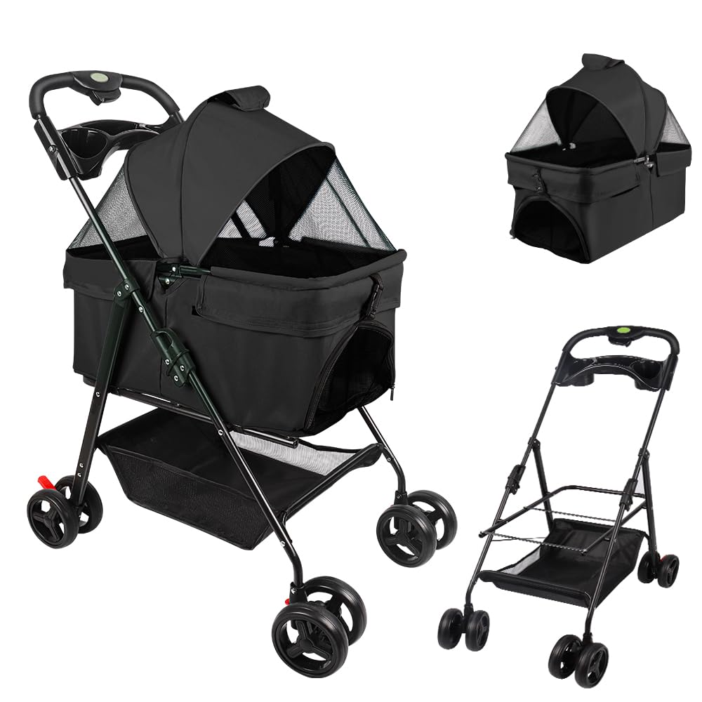 Cochecito para perro y gato 2 en 1 plegable carro para gatos cachorros con capazo extraíble, cochecito plegable para perro, cojín, correa de seguridad, hasta 20 kg, 50 x 65 x 99 cm, color negro