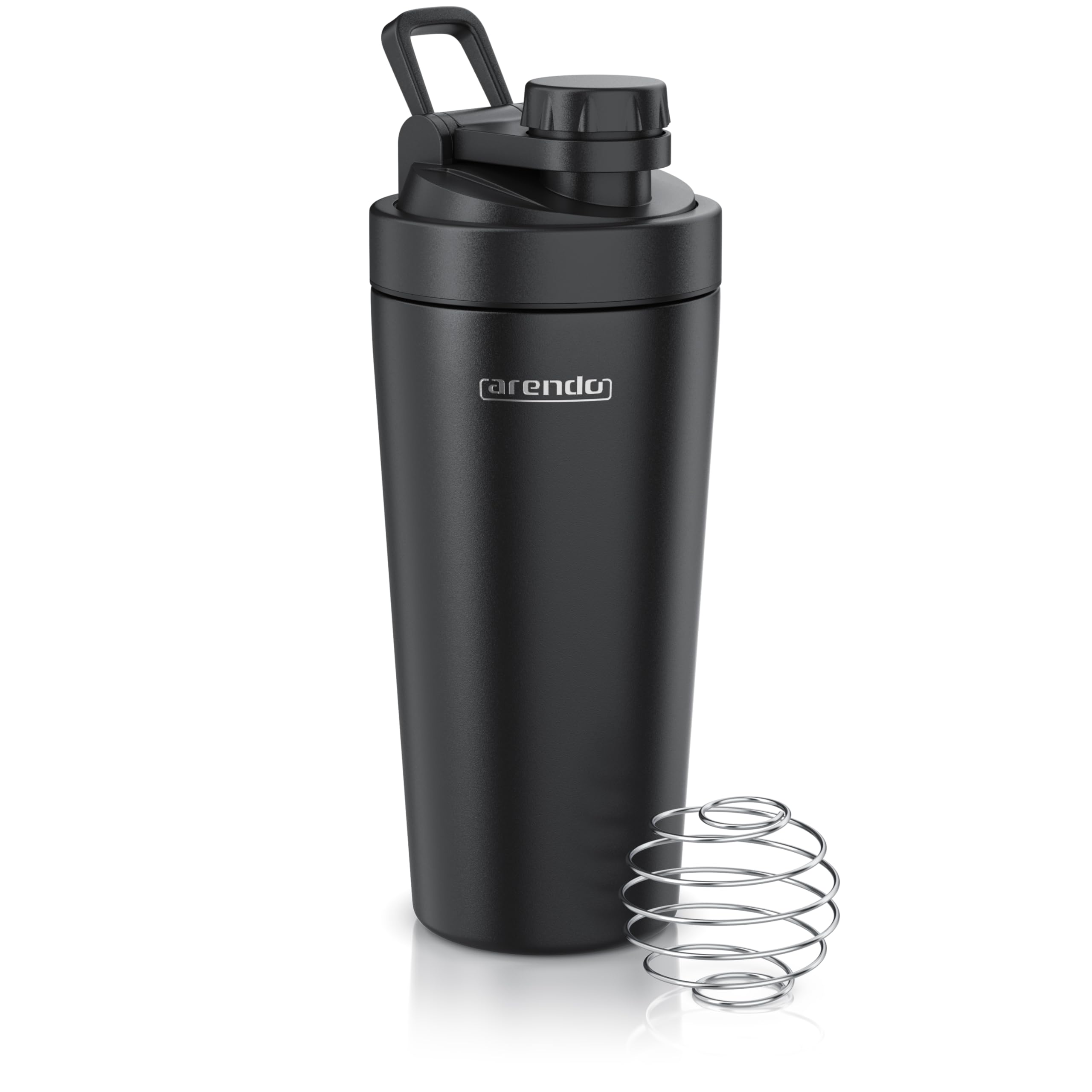 Arendo - Eiweiß Shaker Edelstahl 750ml, Protein Shaker mit Mixkugel, BPA frei, Mixbecher, Metall Premium Eiweißshaker, Tragegriff, Spülmaschinengeeignet, To Go für Yoga Fitness Sport, Schwarz