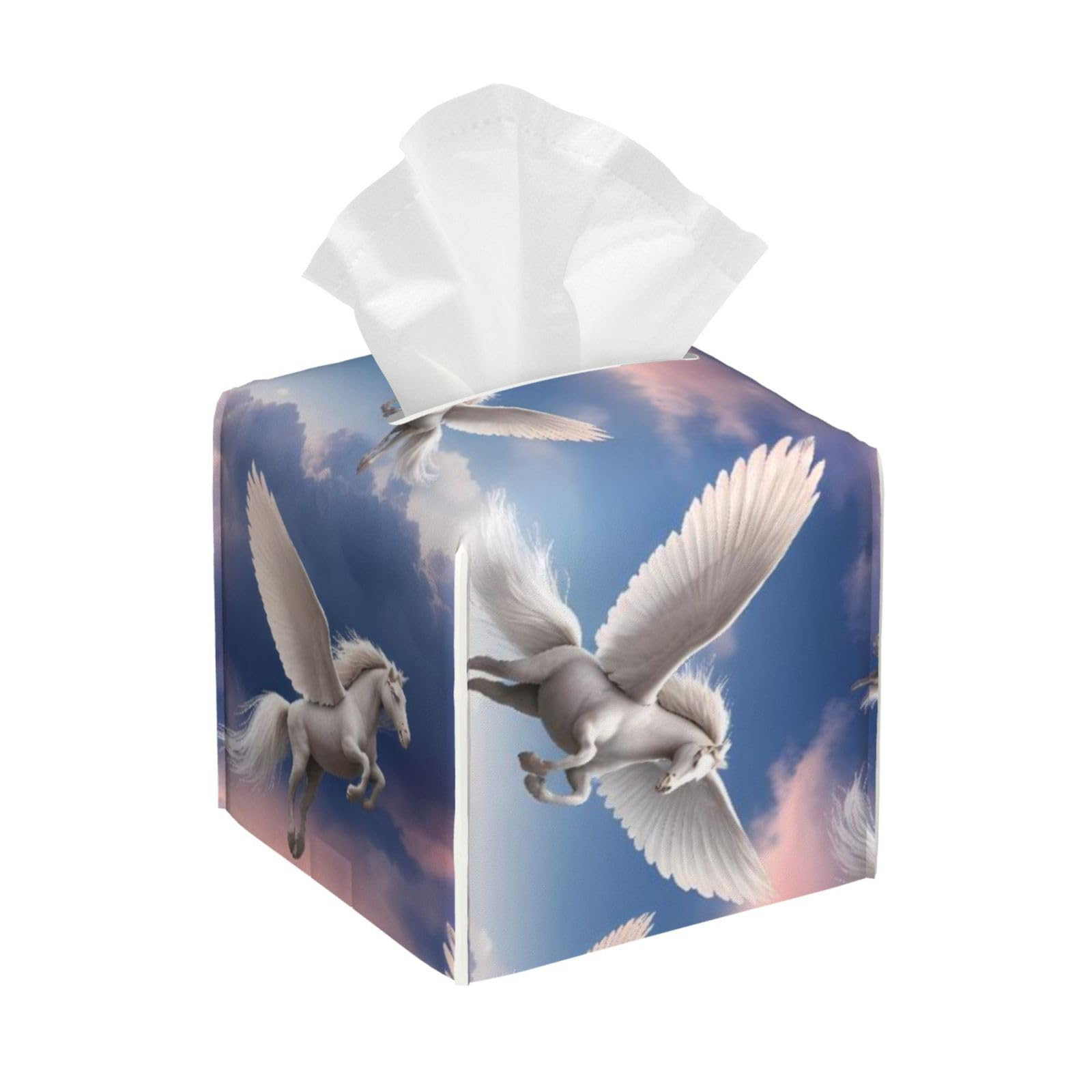 Flying Horse Leather Tissue Box Cover Holder Square Facial Paper Organizer 5.2" X 5.2" X 5.2"