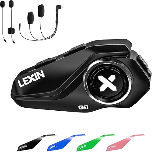 LEXIN G1 Motorcycle Bluetooth Headset, Helmet Speakers with 2 Type Mics, Hands-Free Call/Music/GPS, IP67 Waterproof Motorcycle Headphones with HD Stereo Loud Sound, 4 Color Faceplates, Single Use