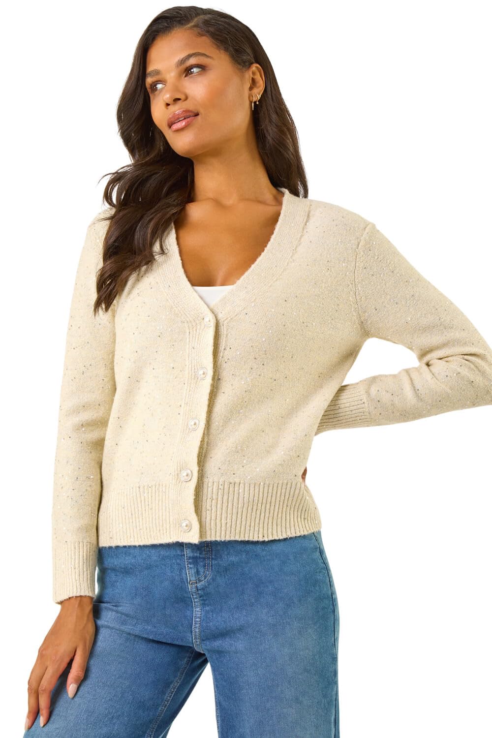 Roman Women's Cream Sequin V-Neck Buttoned Cardigan In Size 16