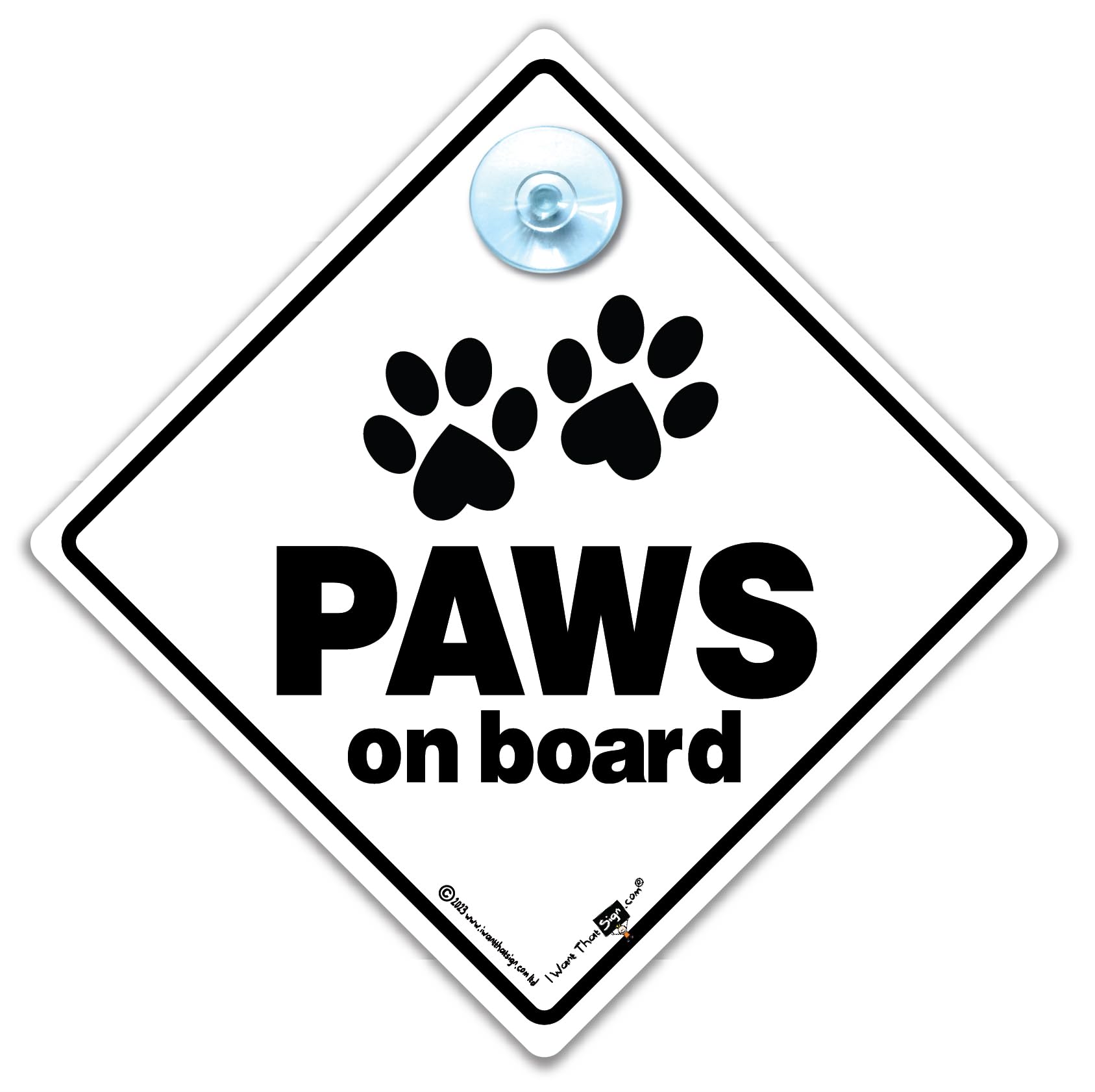 Iwantthatsign.com Black And White Paws On Board Sign, Paws On Board Car Sign, Dog Car Sign, Dog In Car Sign, Dog In Transit Sign, Dog On Board Sign With Suction Cup 14 Cm X 14Cm X 2Cm