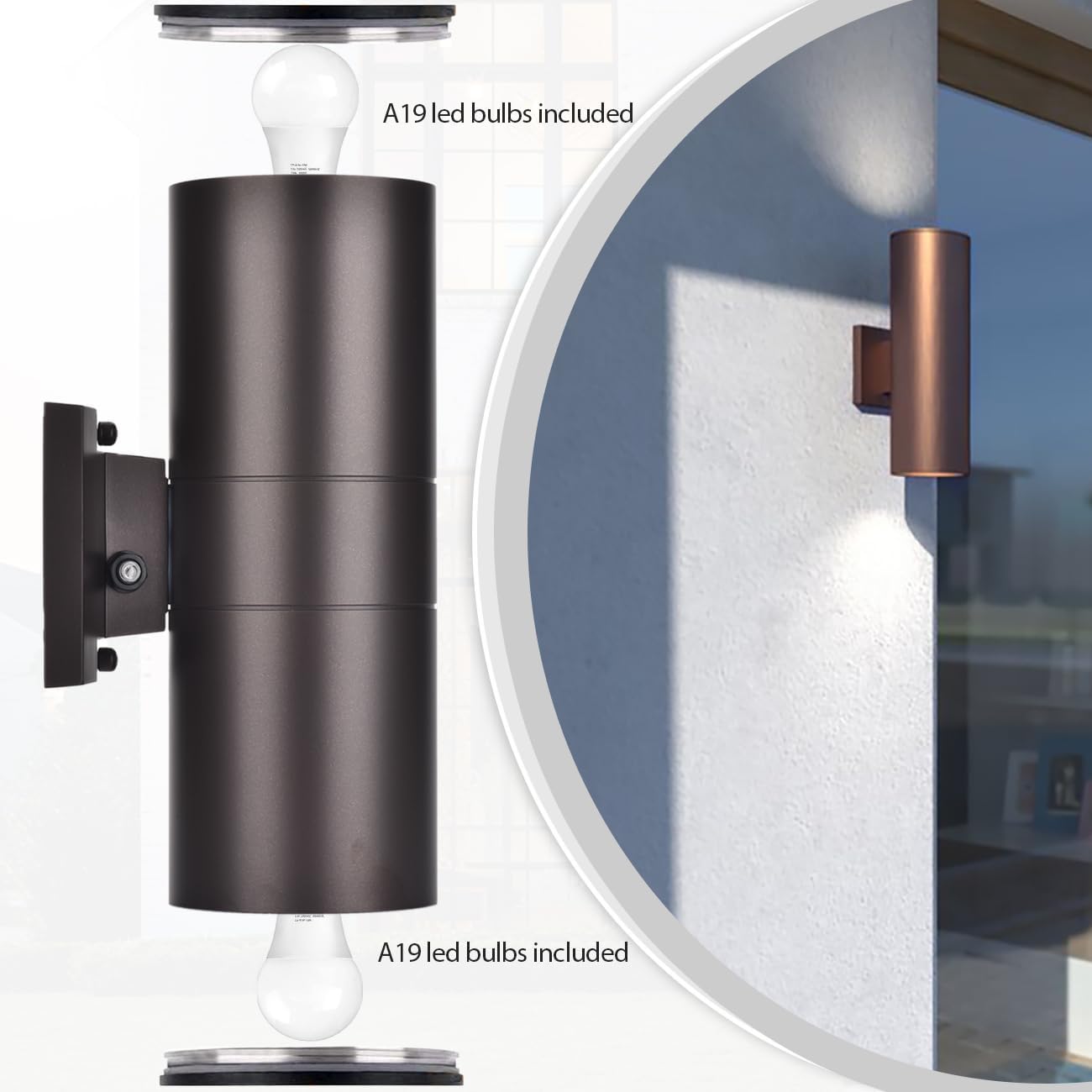 Dusk to Dawn Outdoor Lighting, Modern Up Down Porch Lights Outdoor Cylinder, Oil Bronze Waterproof Wall Sconce, E26 Base, Exterior Light Fixture Wall Mount, ETL, Pack of 2