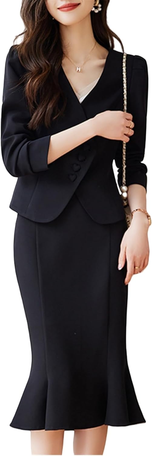Women's Professional Two Piece Suit Set V Neck Blazer and Mermaid Skirt for Office Business Work