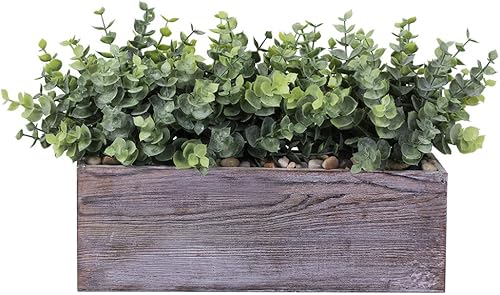 Miniatura 3 de Winlyn Faux Eucalyptus Plants in Rustic Rectangular Wood Planter Box Artificial Eucalyptus Greenery Arrangement Potted Plant in Dusty Green for
