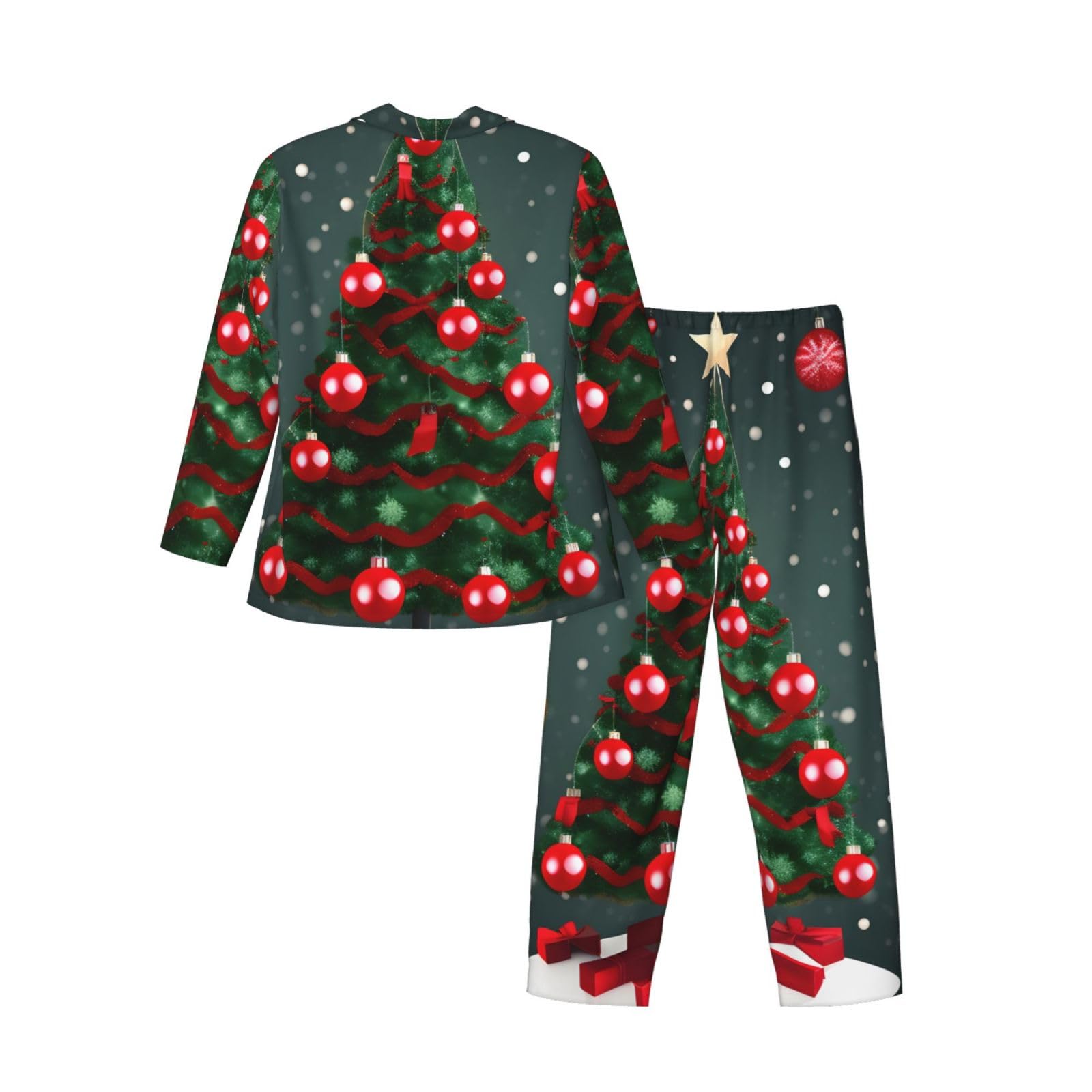Herren-Pyjama-Set mit Weihnachtsbaum- und Ball-Aufdruck, langärmelig, zweiteilig, Hauskleidung, bequeme Nachtwäsche