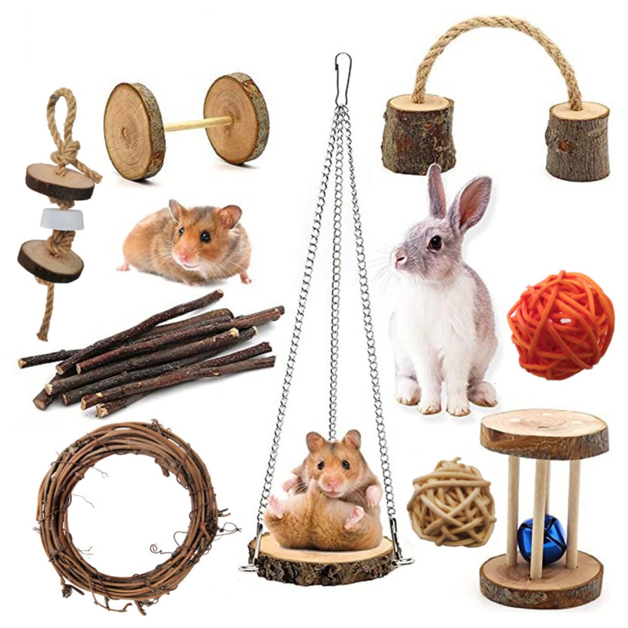 Mipcase 18pezzi Giocattoli Legno Per Roditori e Uccelli Gioco Masticabile Sicuro Per Criceti Conigli e Pappagalli Design Con Tavoletta Bastoncini e Pallina Di Rattan Per Intrattenimento e
