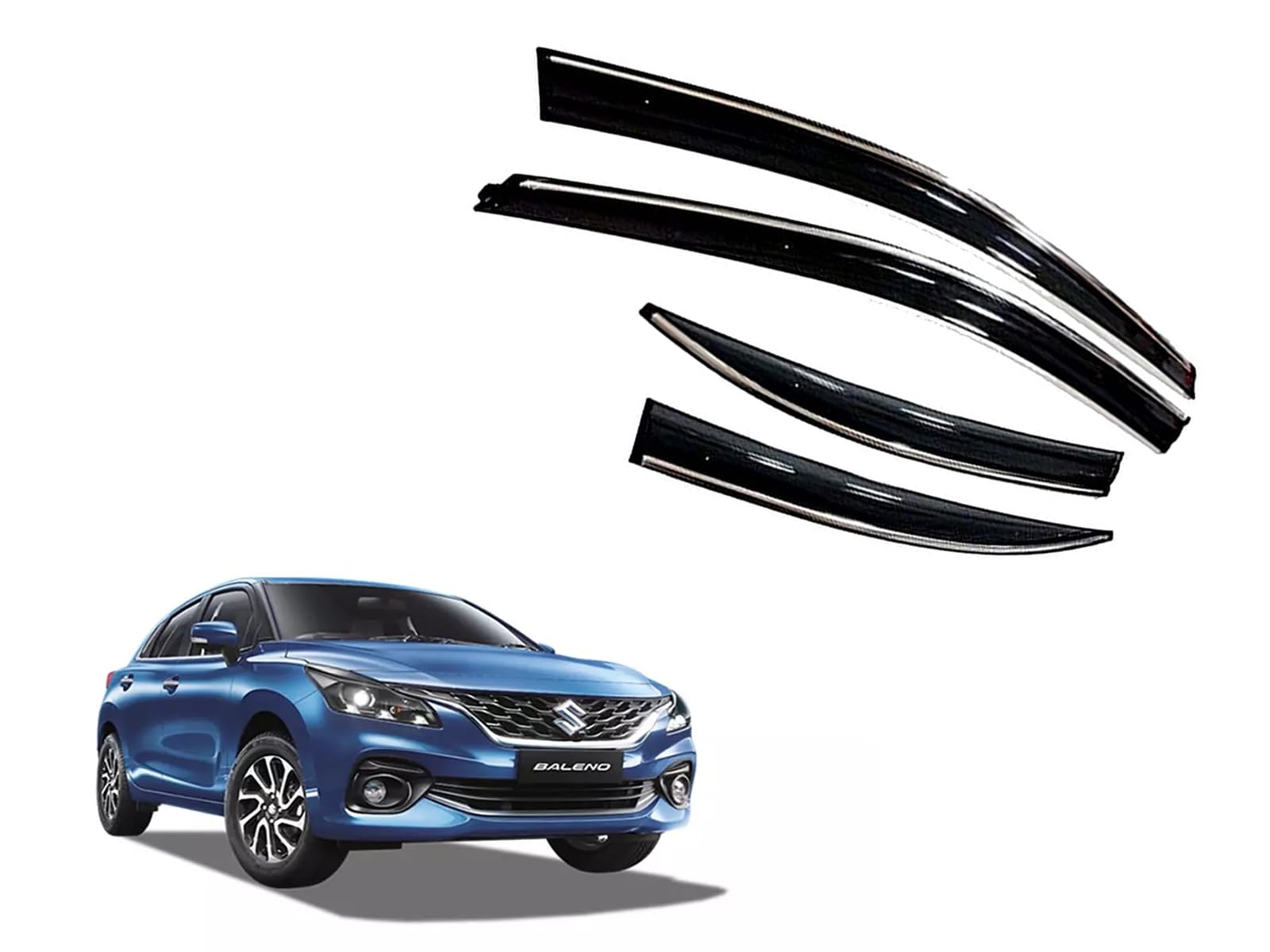 CAR SAAZ Unbreakable Chrome Line Door Visor for BALENO (2022-Present)(Set of 4Pcs) | Rain Guard | Wind Deflector
