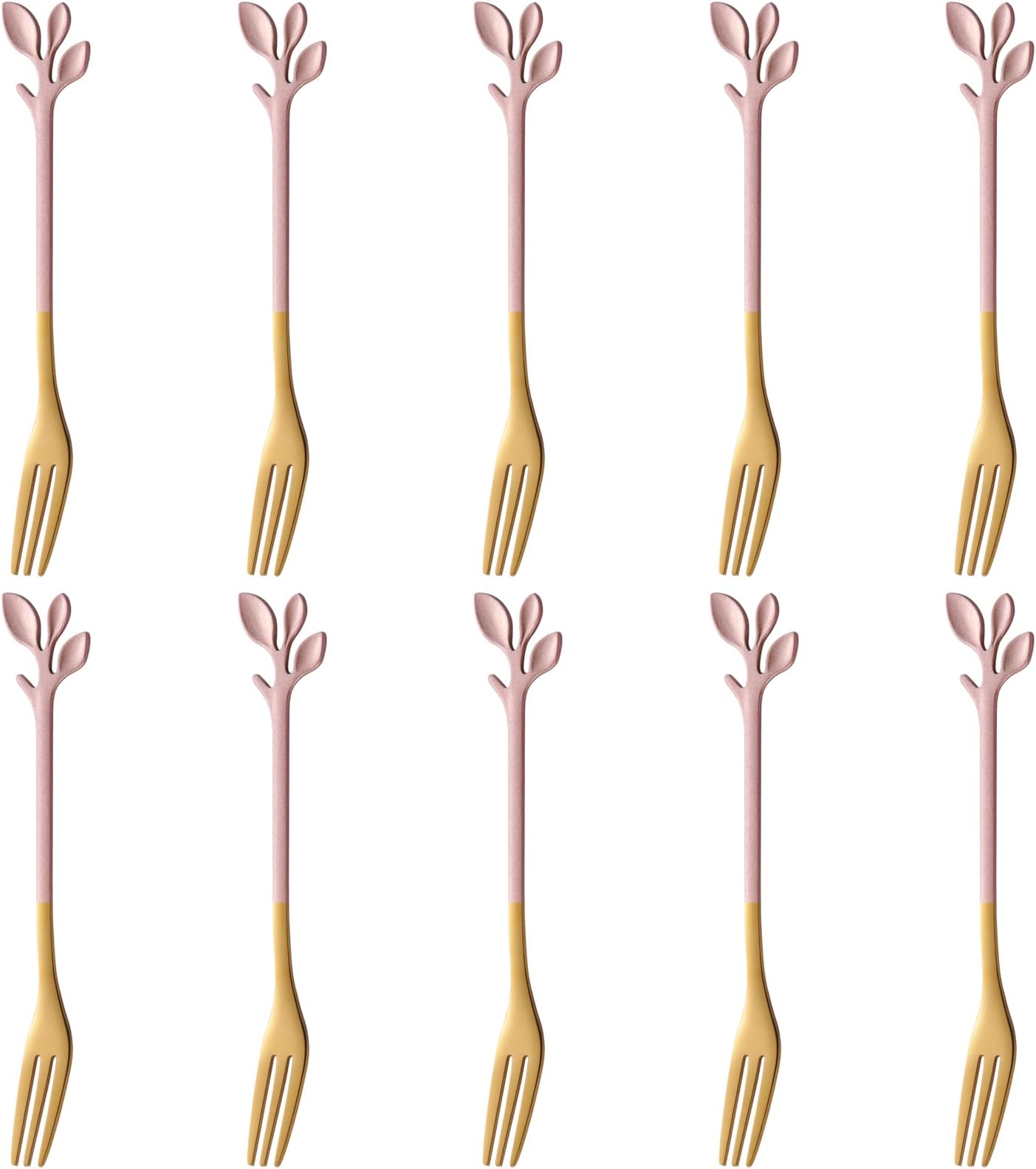AnSaw 10-Piece Pink & Gold Small Leaf Appetizer Forks Set - 4.7" Elegant Stainless Steel Fruit, Dessert, Cake & Salad Forks - Perfect for Cocktail Parties & Home Use
