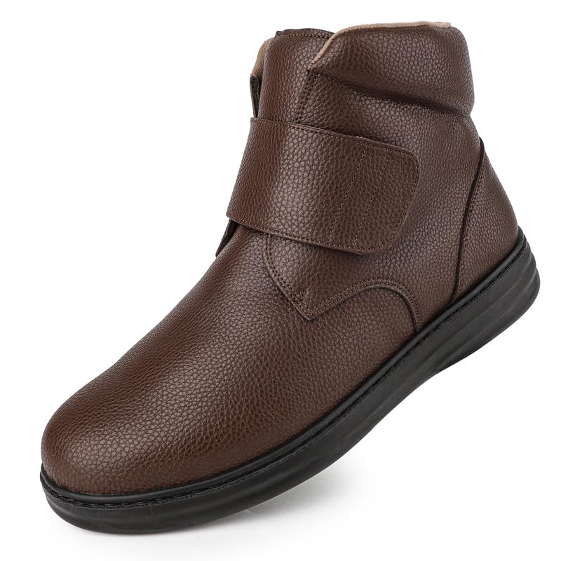 Men’s Extra Wide Winter Boots with Velcro Strap Warm Lined Leather Ankle Shoes for Elderly & Diabetic Feet Non-Slip Comfortable Boots for Cold Weather UK8-12
