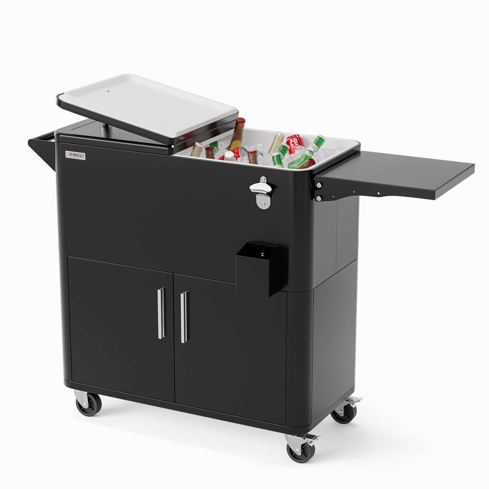 Bonnlo Carrito Nevera con Ruedas 76 L, Enfriador de Bebidas con Mesa Lateral y Abrebotellas, Nevera Exterior para Patio, Jardín, Camping y Playa, Negro