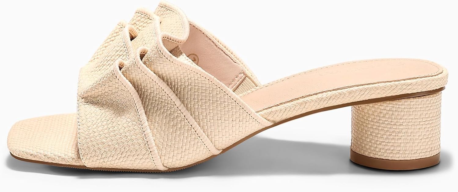 Coutgo Womens Raffia Chunky Low Heels Sandals Square Open Toe Mules Ruffle Slip On Summer Dress Shoes - Image 5