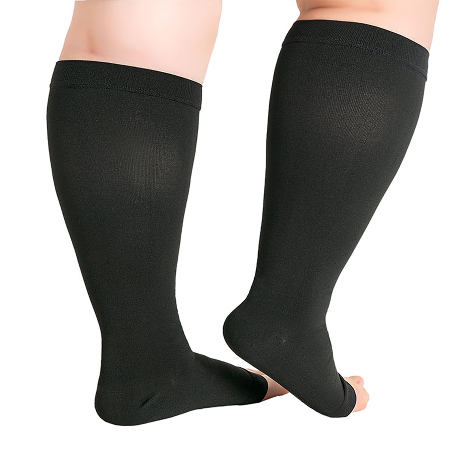 Hotfiary 1 Pair Plus Size Compression Socks-Up to 7XL Wide Calf 20-30 mmHg Compression Sock for Women Men Open Toe Stockings
