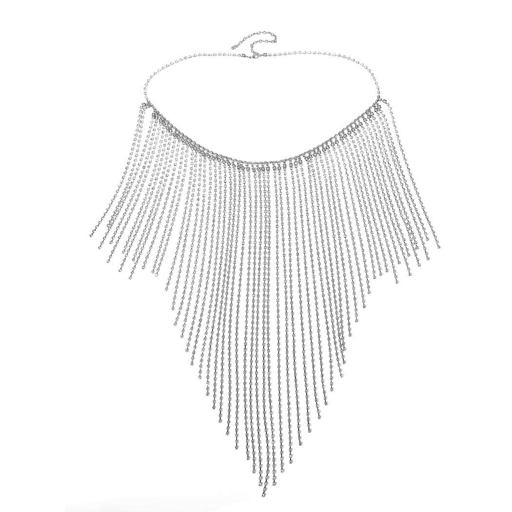 Barode Rhinestone Body Chains Crystal Dance Skirts Tassel Sexy Bikini Beach Chain Hip Waist Belts Nightclub Jewelry Accessories for Women and Girls (Silver)