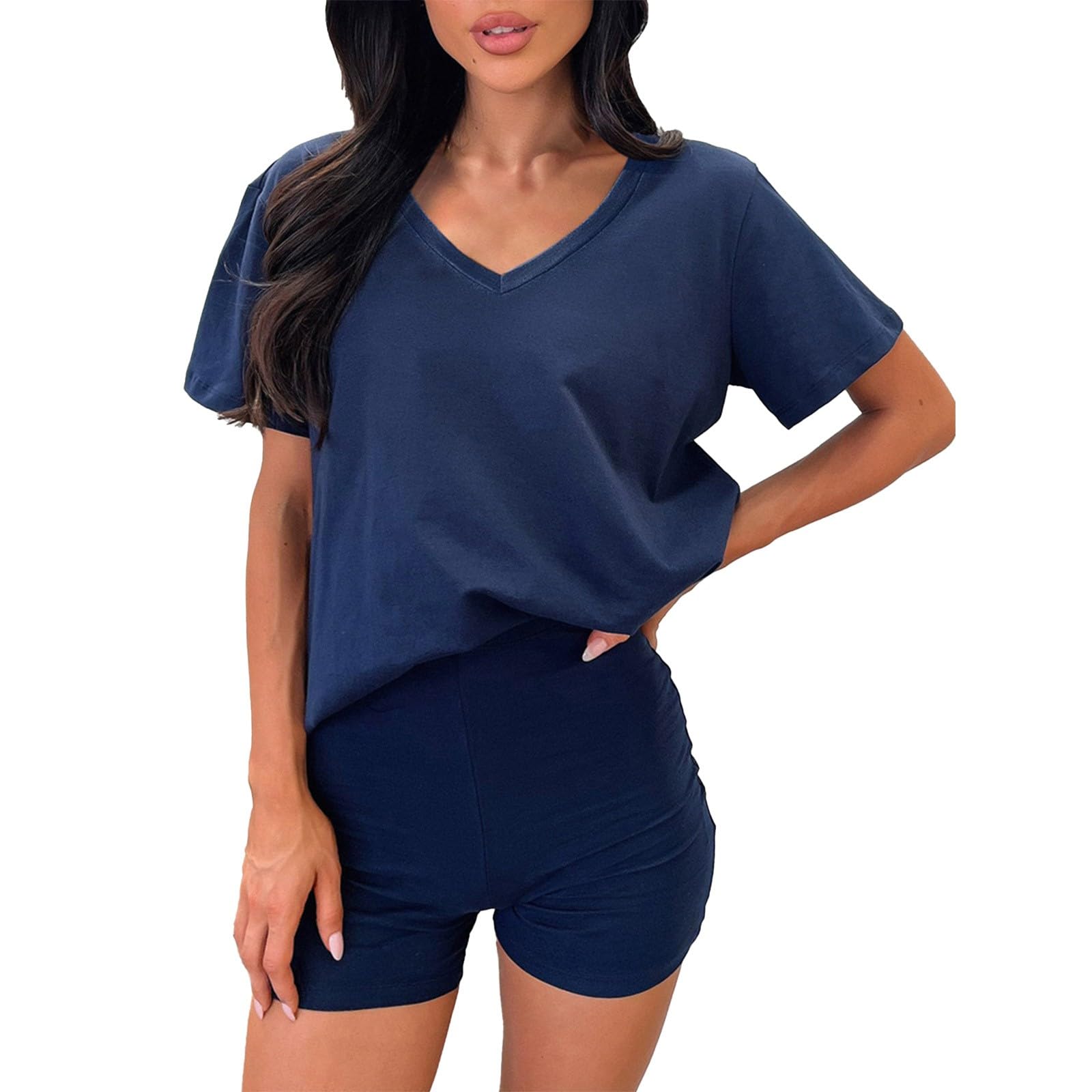 Lounge Sets for Women 2 Piece Petite Short Sleeve V Neck Tops and Comfy Shorts Sleepwear Matching Cute