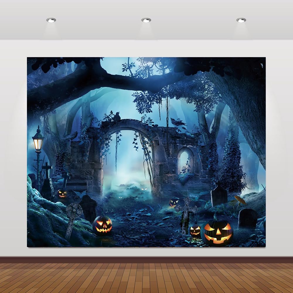 Halloween Garage Door Cover 7x8ft - Scary Cemetery Graveyard Backdrop Banner For Garage Door Decor, Horror Party Decoration