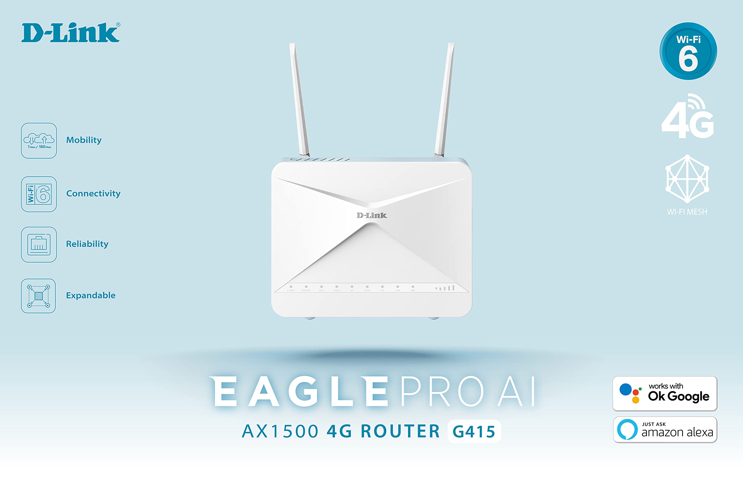 D-Link G415 Smart Router 4G AX1500 EAGLE PRO AI, LTE Cat 4 con download fino a 150 Mbps, Wi-Fi 6/Traffic Optimizer con AI, Porte Gigabit, WPA3, Supporto Wi-Fi Mesh, Sbloccato, Bianco