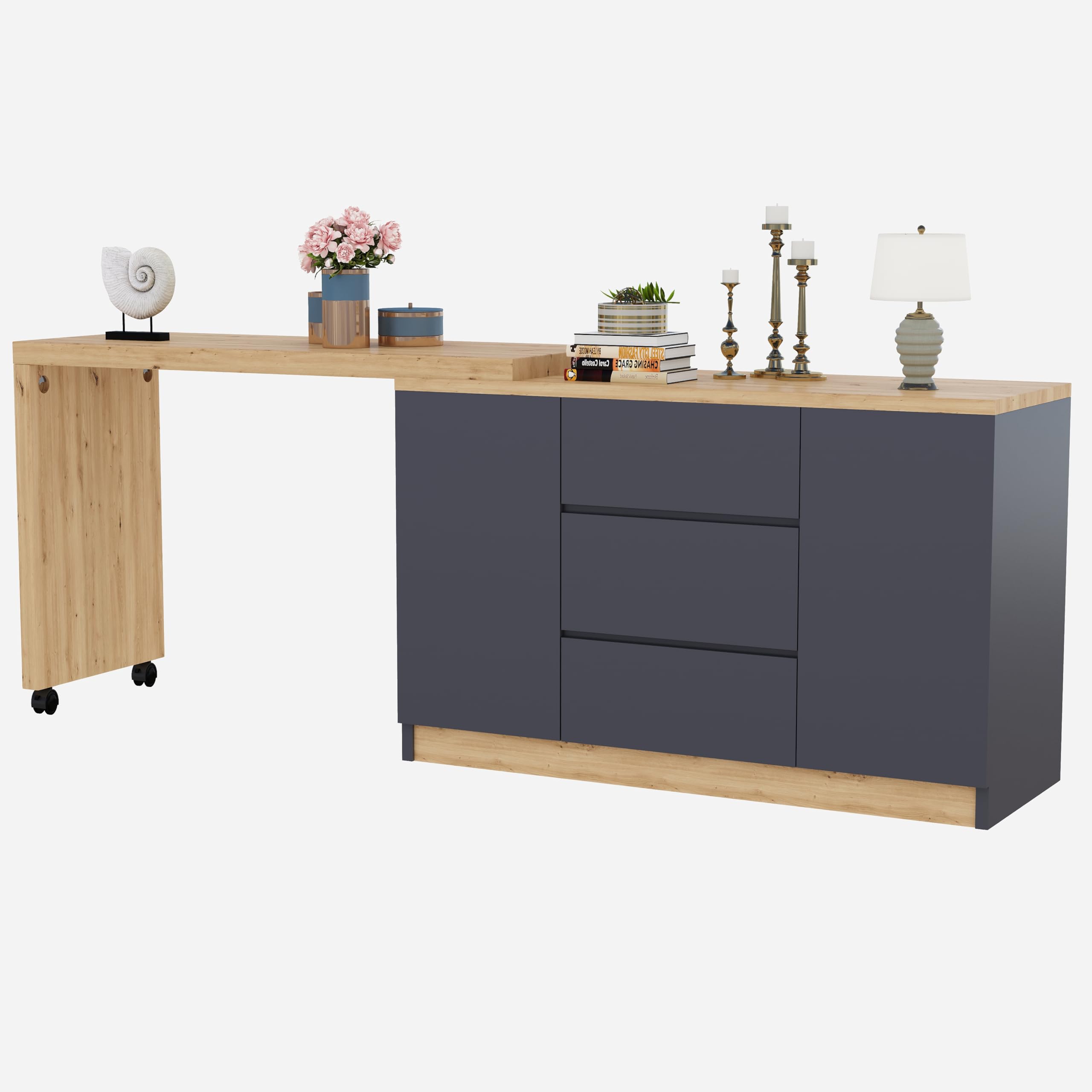 Escritorio con ruedas con bloqueo, mesa plegable, diseño multifuncional, 4 cm de grosor, mesa giratoria con bloqueo, gris/roble, escritorio esquinero, aparador, material grueso