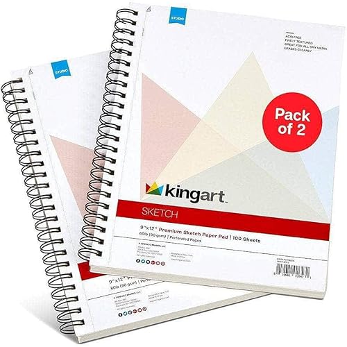KINGART 629-2 blocs de papel de bocetos, 9 x 12 pulgadas, 100 hojas encuadernadas en espiral, microperforadas, para bocetos y dibujos, paquete de 2