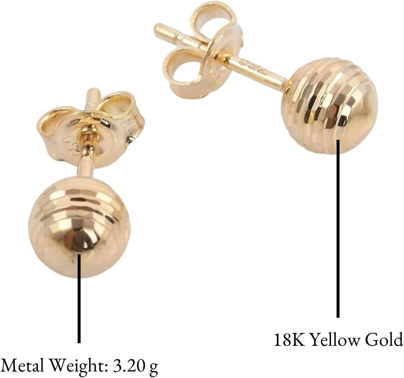 Diamond Cut Solid Ball Earrings for Women 18k Yellow Gold Jewelry Wedding Birthday Gifts for Her