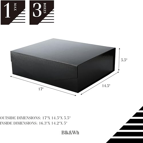Miniatura 6 de BLK&WH 3 cajas de regalo extragrandes con tapas de 16.3 x 14.2 x 5 pulgadas, cajas de regalo negras para ropa y regalos grandes (negro brillante con
