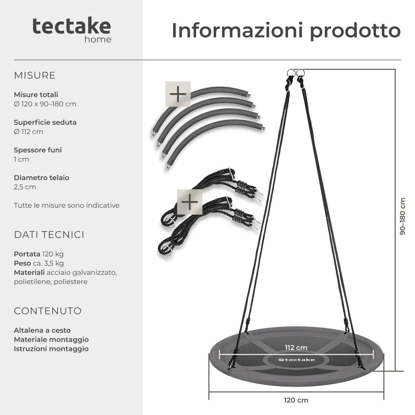 tectake® Altalena a Nido, Altezza Regolabile, Altalena Dondolo da Giardino per Bambini e per Adulti, Giochi da Giardino, Portata 120 kg - Ø 120 cm