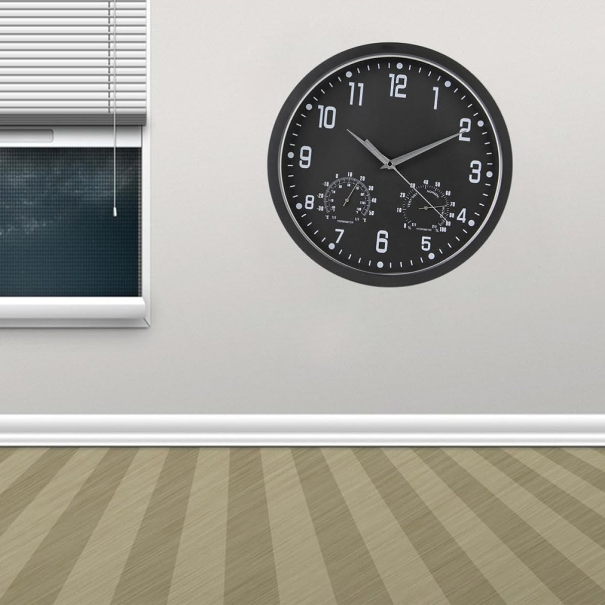 Reloj de Pared Silencioso Multifuncional Movimiento de Barrido Termómetro Higrómetro Diseño Moderno y Números Grandes para Salón Dormitorio y Oficina Marco Negro y Aguja Plateada